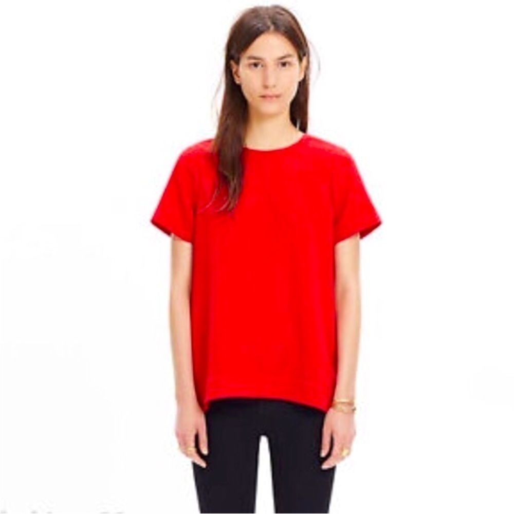 Madewell Fashionable Red Tailored hi-low short sleeve swingy a-line Feminine top